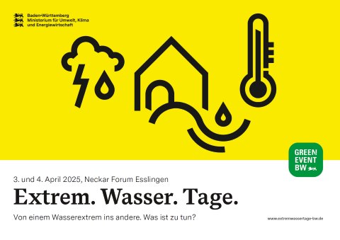 Titelseite des Programms zur Veranstaltung Extrem.Wasser.Tage 2025 am 3. und 4. April in Esslingen. Die Grafik ist im unteren Drittel wei&szlig;, im oberen Teil gelb und zeigt dort Symbole einer Gewitterwolke, eines Hauses mit einer Wasserwelle davor sowie eines Thermometers mit hohem Stand. Ferner ist das Logo des Umweltministeriums und das Logo "Green Event BW" abgebildet.