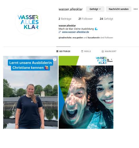 Screenshot eines Beispiel-Beitrags von wasser-allesklar auf instagram: Links ein BIld einer Ausbilderin vor einem Nachkl&auml;rbecken, rechts ein Werbeplakat mit dem Logo von wasser-allesklar.