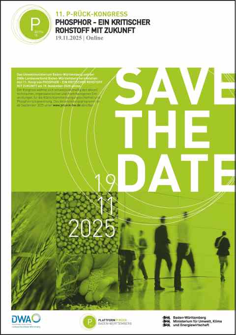 Chemisches Zeichen f&uuml;r Phosphor als Logo in gr&uuml;n, Text in Grafik: 11. P-R&uuml;ck-Kongress, Phosphor - ein kritischer Rohstoff mit Zukunft, 19.11.2025, Online; Logos DWA BW sowie Ministerium f&uuml;r Umwelt, Klima und Energiewirtschaft Baden-W&uuml;rttemberg