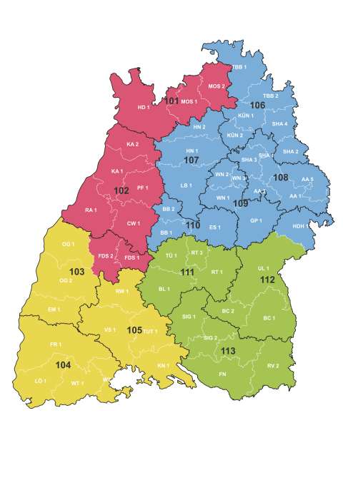 Eine Karte von Baden-W&uuml;rttemberg, die in vier farbige Bereiche unterteilt ist (Magenta, Blau, Gr&uuml;n und Gelb). 